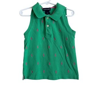 VTG Y2K Ralph Lauren Kids Green Pink all Pony Logo Sleeveless Polo Shirt 6 Prep